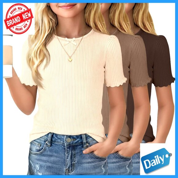 3 Pack Girls Short Sleeve Ribbed Tees Crewneck Slim Fit Lettuce Trim